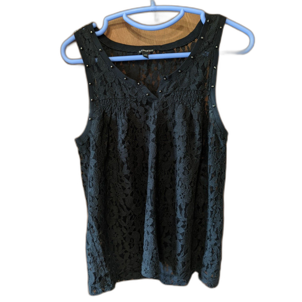 Express Black Lace Tank Top Shirt V Neck Silver Studs Sheer Sz S Whimsigoth Emo